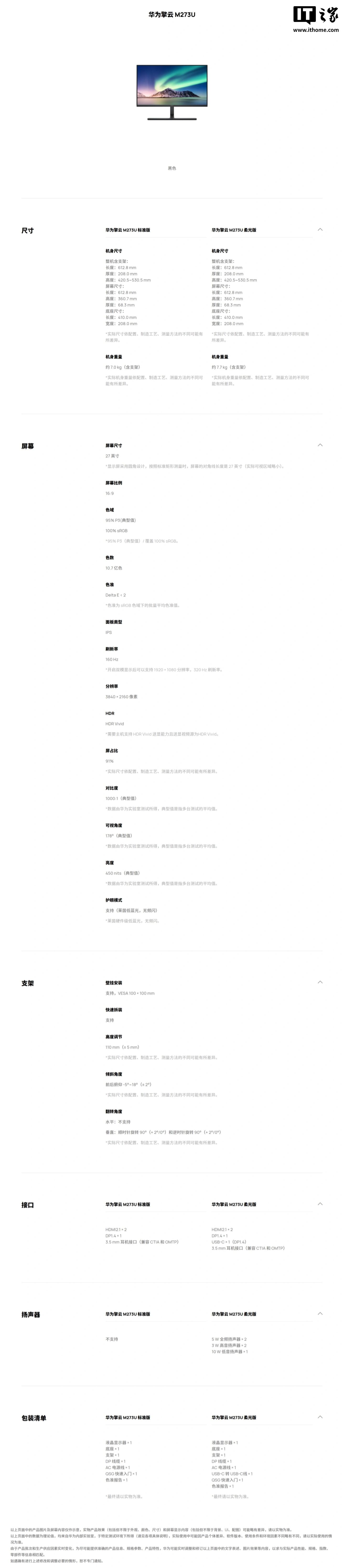 华为擎云 M273U 显示器亮相:4K 160 Hz 高刷全面屏、柔光版内置华为悦彰认证扬声器