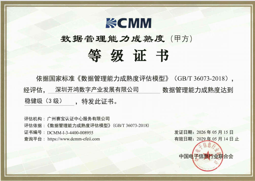 开源鸿蒙生态首例：深开鸿获 DCMM 3 级认证，数据管理、应用与安全建设接轨国家级标准